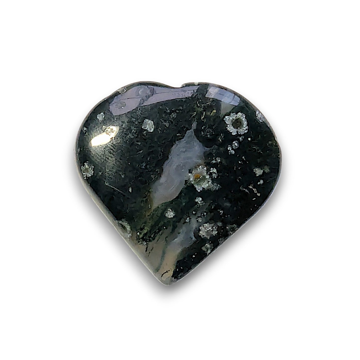 Medium Moss Agate Heart Carving. Approximately 30mm tall, 32mm wide and 6mm deep.