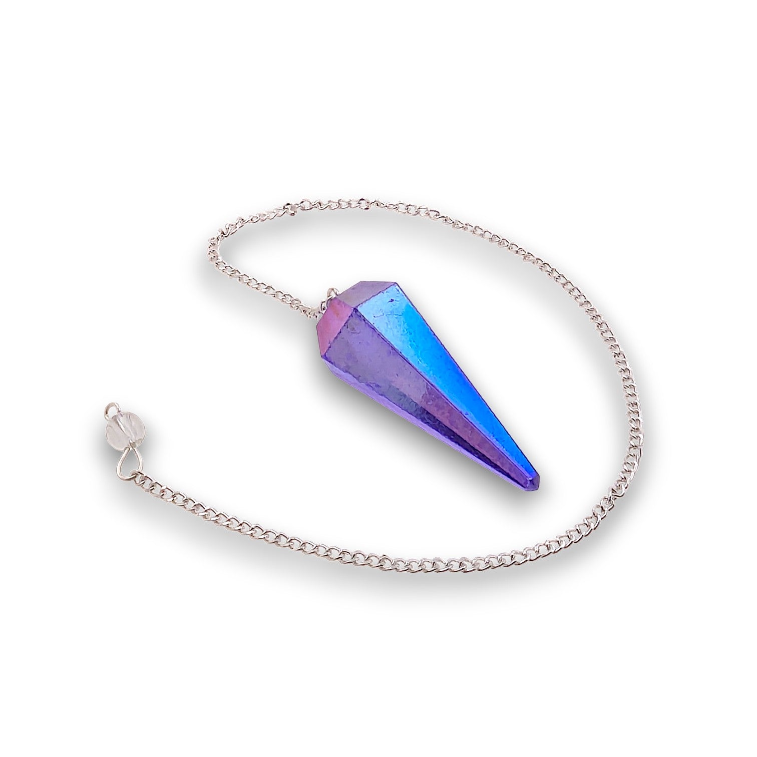 Amethyst Aura Pendulum. Aura-coated gemstone pendulum with a pendulum bag. Silver plated chain with a clear bead handle.