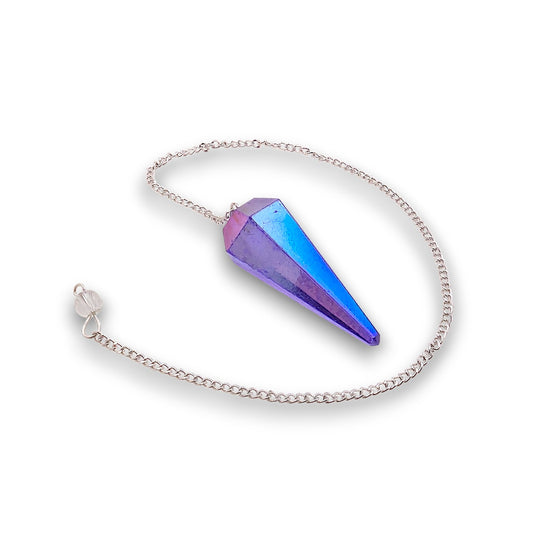 Amethyst Aura Pendulum. Aura-coated gemstone pendulum with a pendulum bag. Silver plated chain with a clear bead handle.