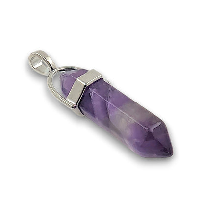 Amethyst Double Terminated Hexagonal Pendant - Pack of 5. Double terminated hexagonal point pendant, mounted with a silver.