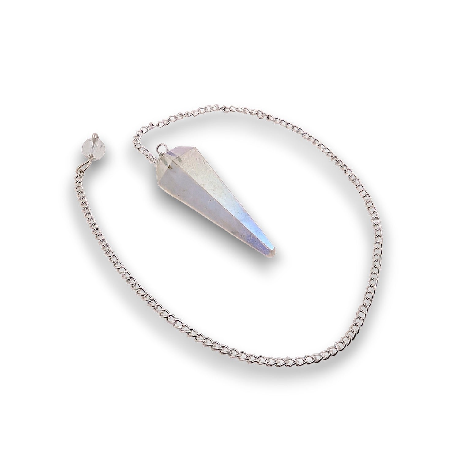 Angel Aura Pendulum. Aura-coated gemstone pendulum with a pendulum bag. Silver plated chain with a clear bead handle.