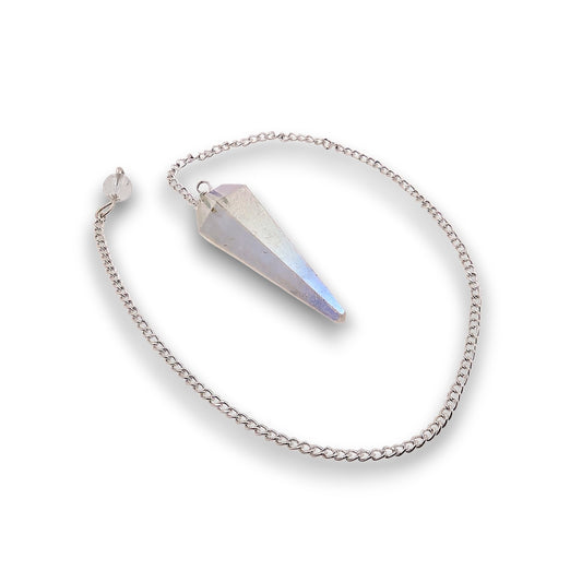 Angel Aura Pendulum. Aura-coated gemstone pendulum with a pendulum bag. Silver plated chain with a clear bead handle.