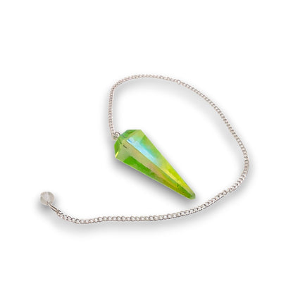Apple Aura Pendulum. Aura-coated gemstone pendulum with a pendulum bag. Silver plated chain with a clear bead handle.