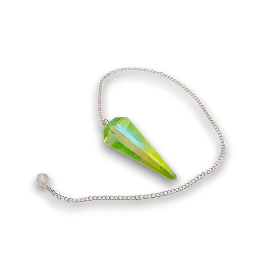 Apple Aura Pendulum. Aura-coated gemstone pendulum with a pendulum bag. Silver plated chain with a clear bead handle.