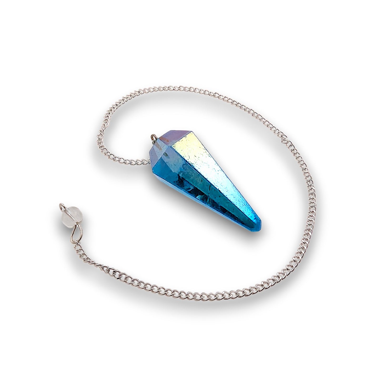 Aqua Aura Pendulum. Aura-coated gemstone pendulum with a pendulum bag. Silver plated chain with a clear bead handle.