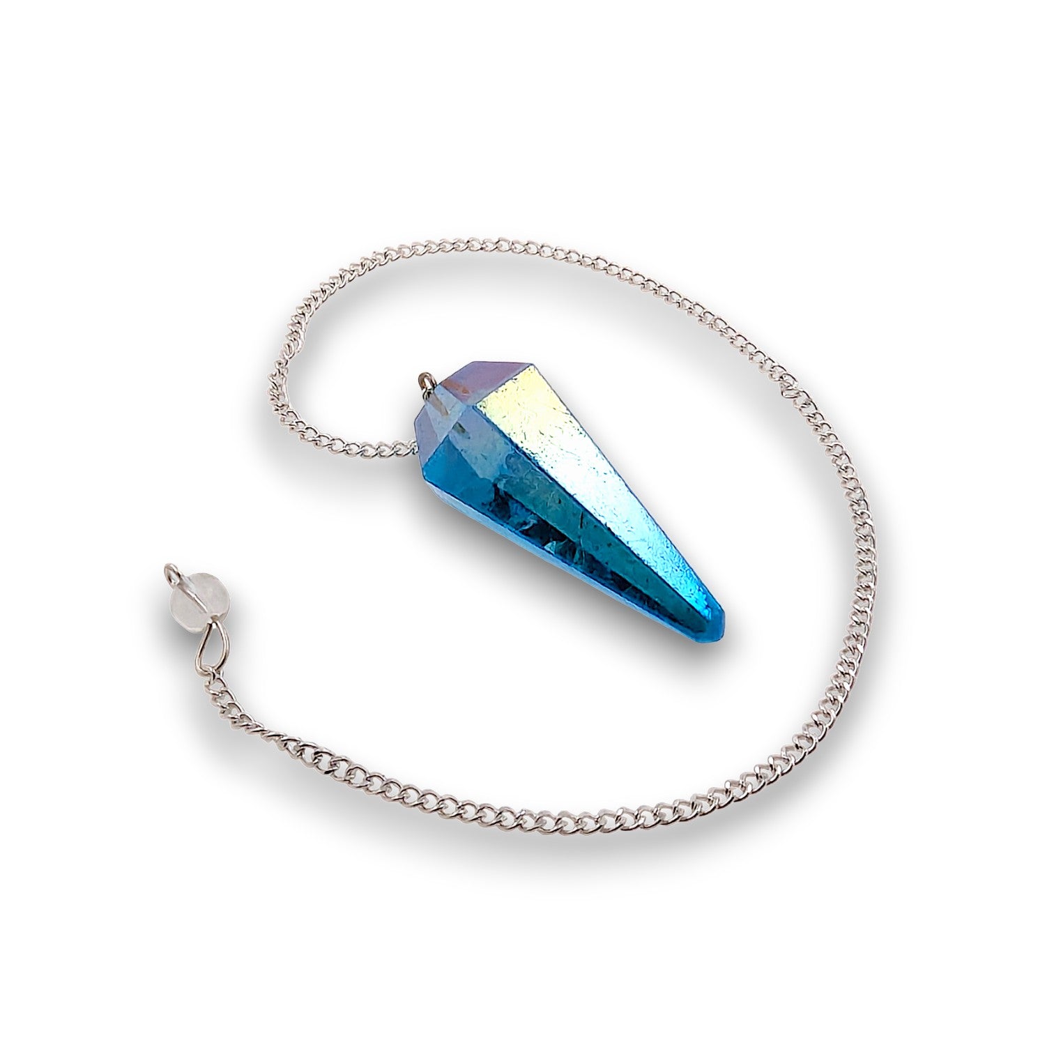 Aqua Aura Pendulum. Aura-coated gemstone pendulum with a pendulum bag. Silver plated chain with a clear bead handle.