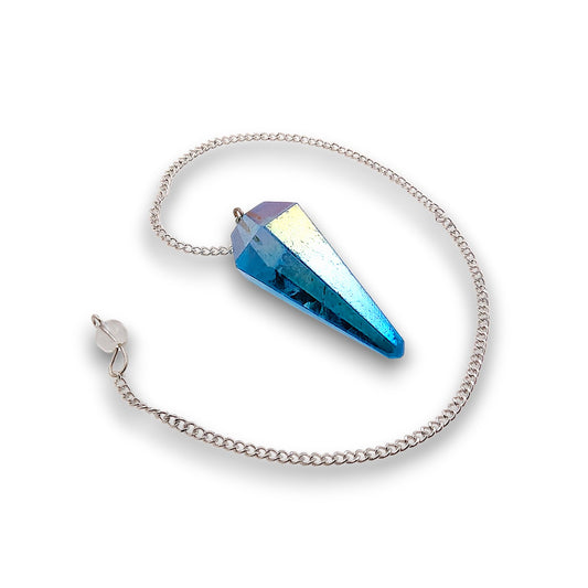 Aqua Aura Pendulum. Aura-coated gemstone pendulum with a pendulum bag. Silver plated chain with a clear bead handle.