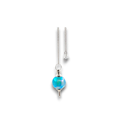 Aqua Aura Sphere Pendulum. Aura-coated gemstone pendulum with a pendulum bag. Silver plated chain with a clear bead handle.