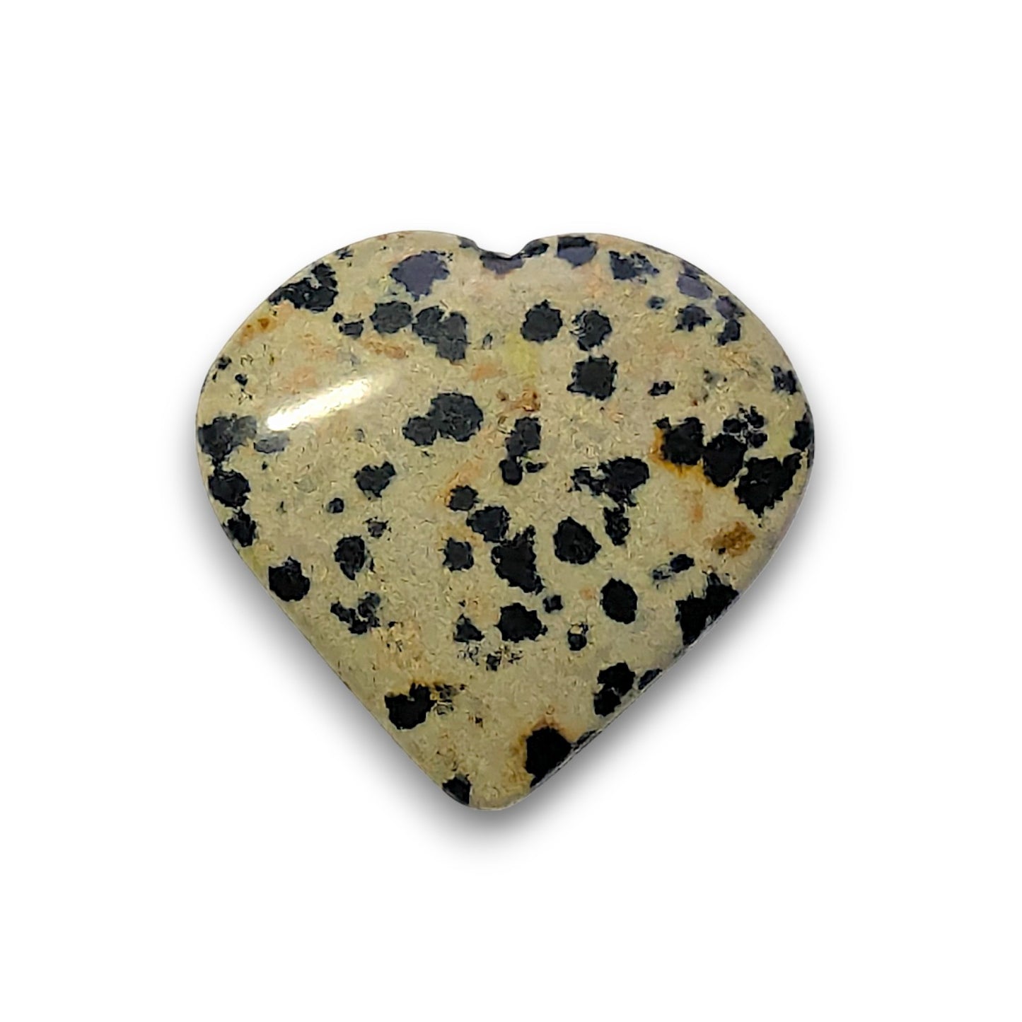 Medium Dalmatian Jasper Heart Carving. Approximately 30mm tall, 32mm wide and 6mm deep.