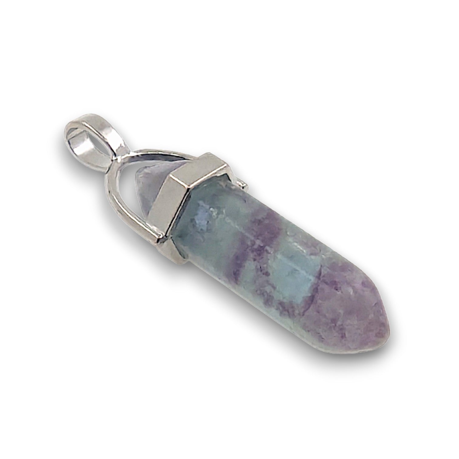 Fluorite Double Terminated Hexagonal Pendant - Pack of 5. Double terminated hexagonal point pendant, mounted with a silver.
