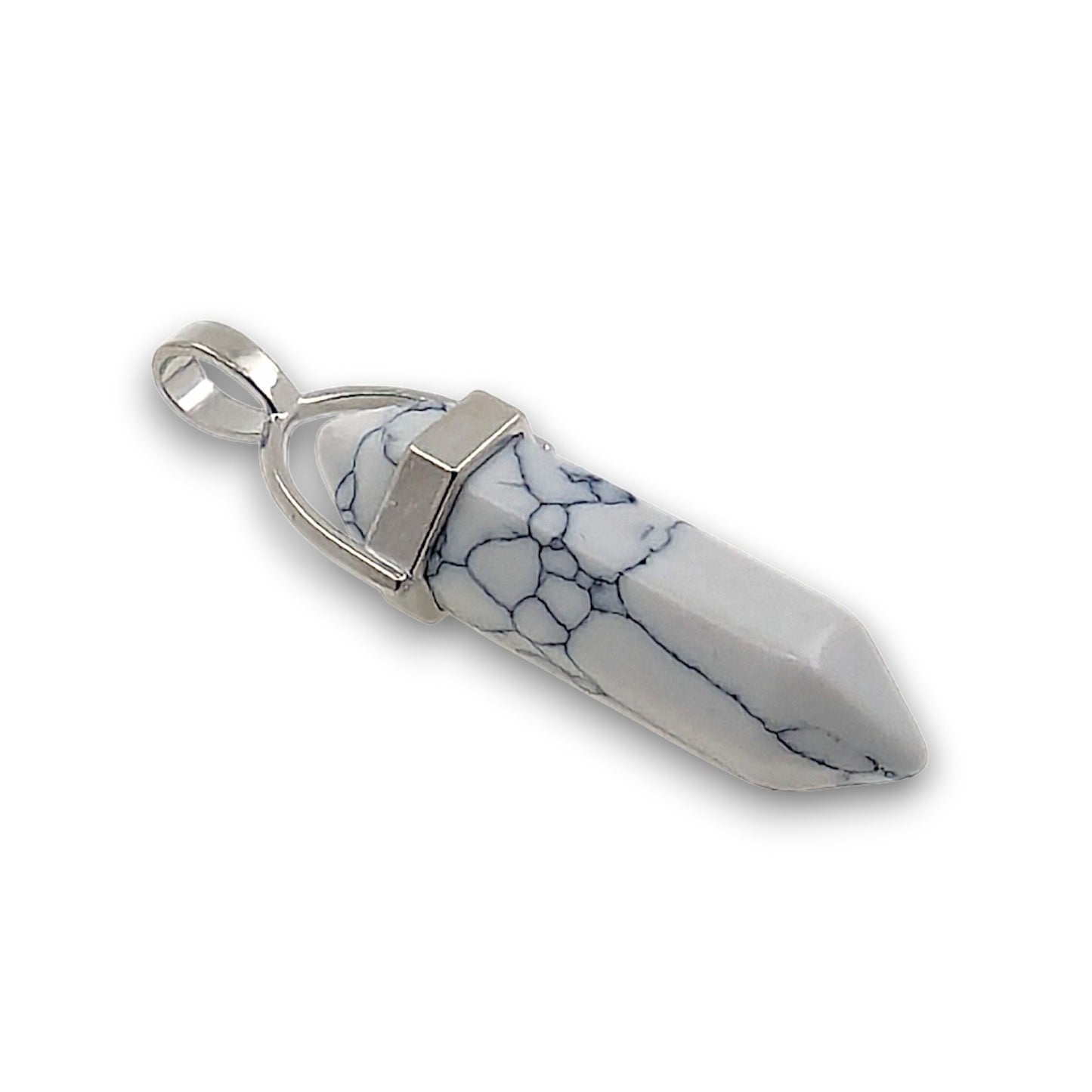 Howlite Double Terminated Hexagonal Pendant - Pack of 5. Double terminated hexagonal point pendant, mounted with a silver.