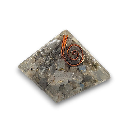 Small Labradorite Orgonite Pyramid. Small Orgonite Pyramid measuring approx 33mm x 33mm at the base and 30mm from the base.