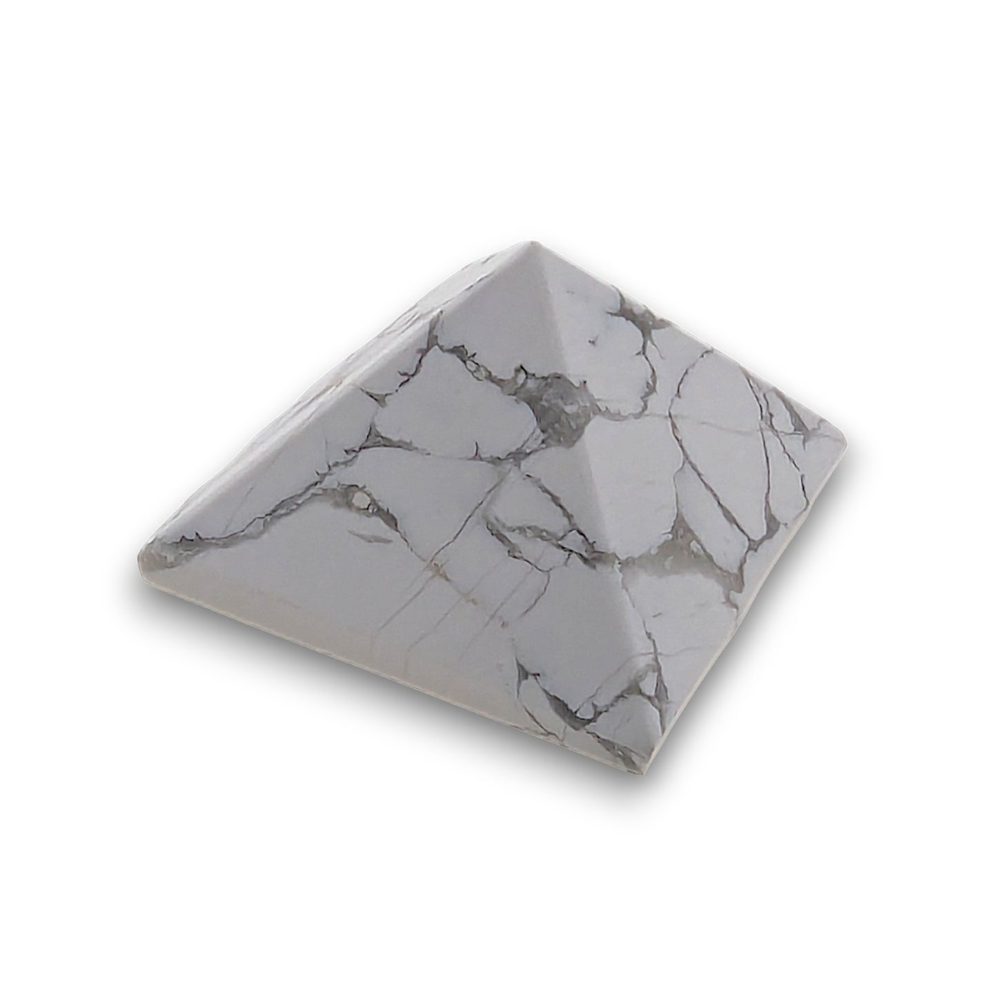 Small Howlite Pyramid. Our small pyramids approximately have a 35mm x 35mm base and an overall height of 30mm.