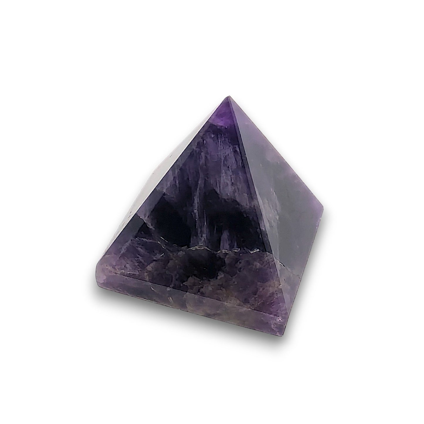 Small Amethyst Pyramid. Our small pyramids approximately have a 35mm x 35mm base and an overall height of 30mm.