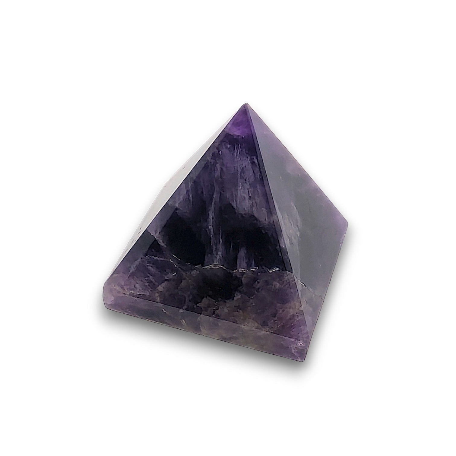 Small Amethyst Pyramid. Our small pyramids approximately have a 35mm x 35mm base and an overall height of 30mm.