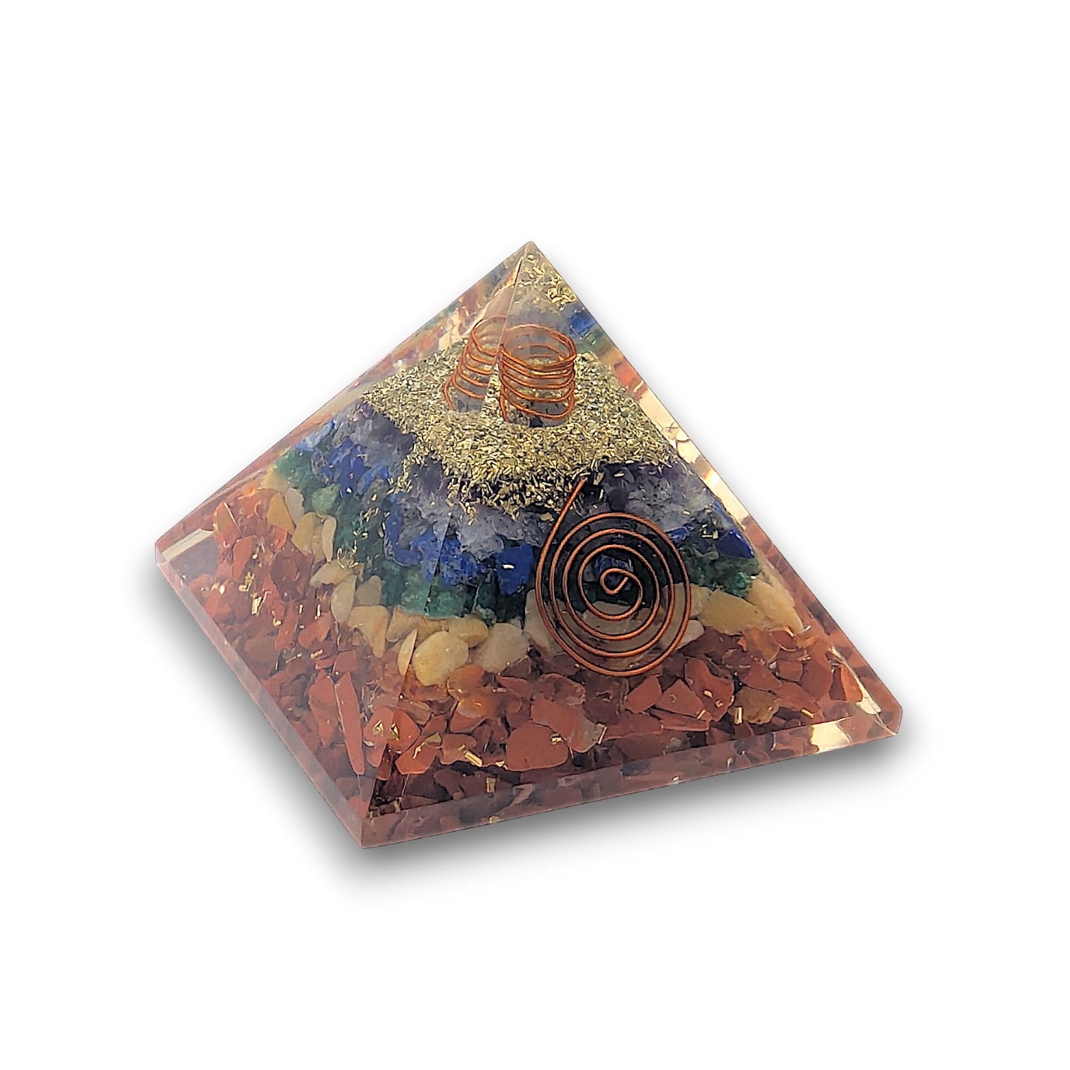 Medium Chakra Orgonite Pyramid. Medium Orgonite Pyramid measuring approx 80mm x 80mm at the base and 70mm from the base to.