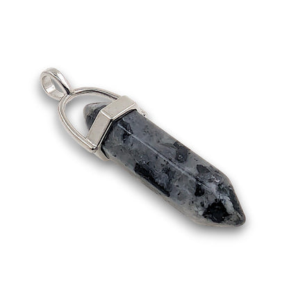 Larvikite Double Terminated Hexagonal Pendant - Pack of 5. Double terminated hexagonal point pendant, mounted with a silver.