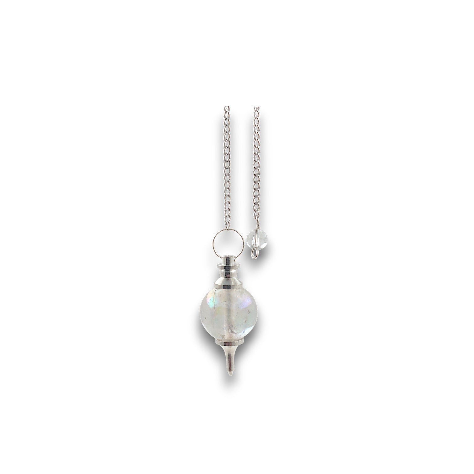 Angel Aura Sphere Pendulum. Aura-coated gemstone pendulum with a pendulum bag. Silver plated chain with a clear bead handle.