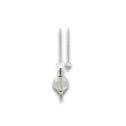 Angel Aura Sphere Pendulum. Aura-coated gemstone pendulum with a pendulum bag. Silver plated chain with a clear bead handle.