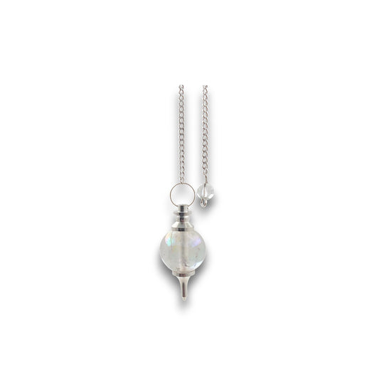 Angel Aura Sphere Pendulum. Aura-coated gemstone pendulum with a pendulum bag. Silver plated chain with a clear bead handle.