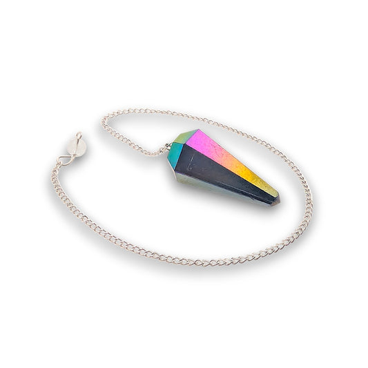 Titanium Aura Pendulum. Aura-coated gemstone pendulum with a pendulum bag. Silver plated chain with a clear bead handle.