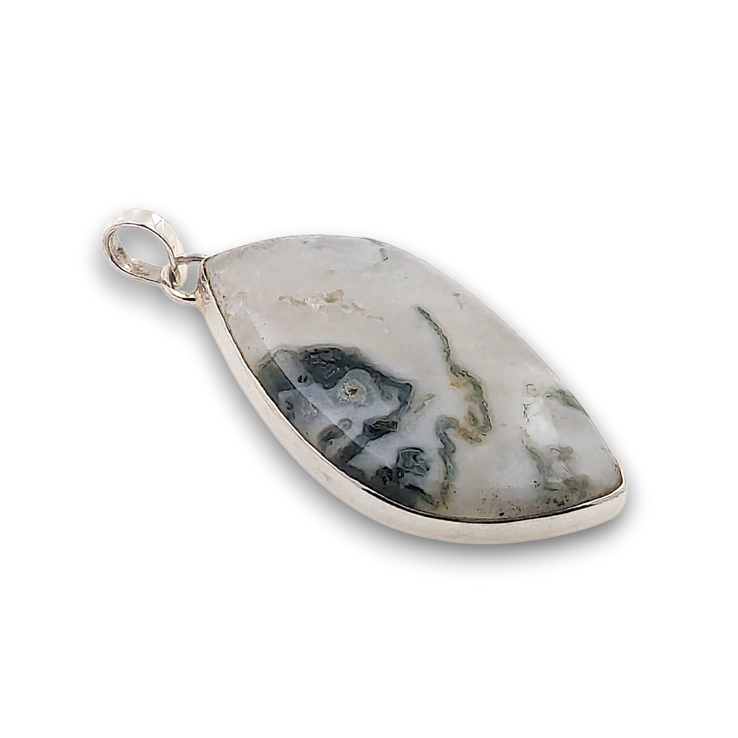 Moss Agate Sterling Silver Pendant. 925 sterling silver pendant, approximately 41mm × 23mm.