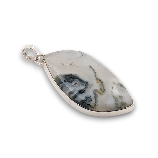 Moss Agate Sterling Silver Pendant. 925 sterling silver pendant, approximately 41mm × 23mm.