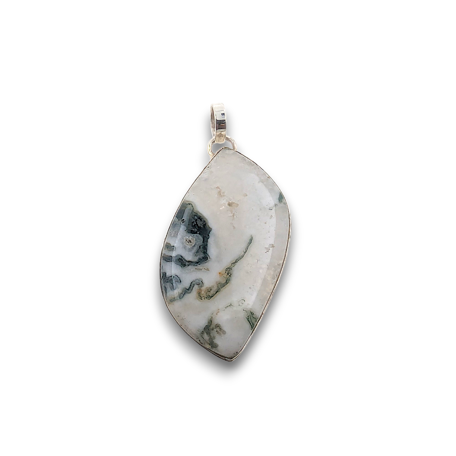 Moss Agate Sterling Silver Pendant. 925 sterling silver pendant, approximately 41mm × 23mm.