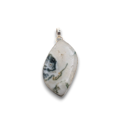 Moss Agate Sterling Silver Pendant. 925 sterling silver pendant, approximately 41mm × 23mm.