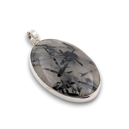 Tourmalinated Quartz Sterling Silver Pendant. 925 sterling silver pendant, approximately 42mm × 28mm.