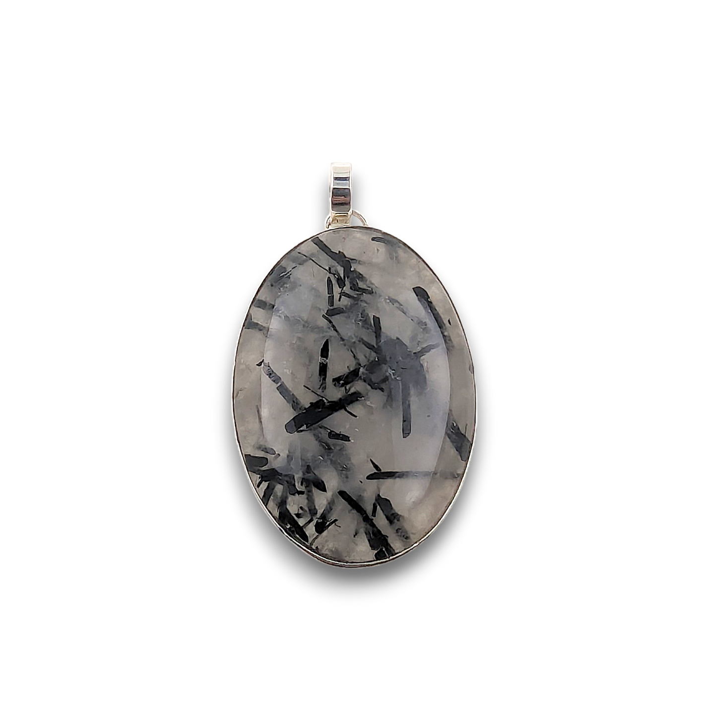 Tourmalinated Quartz Sterling Silver Pendant. 925 sterling silver pendant, approximately 42mm × 28mm.