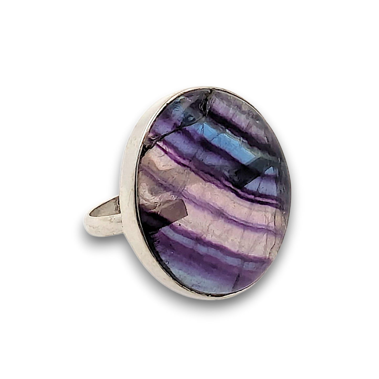 Fluorite Sterling Silver Ring. 925 sterling silver ring, approximately 26mm diameter. The ring is a size N and weighs 8.9g.