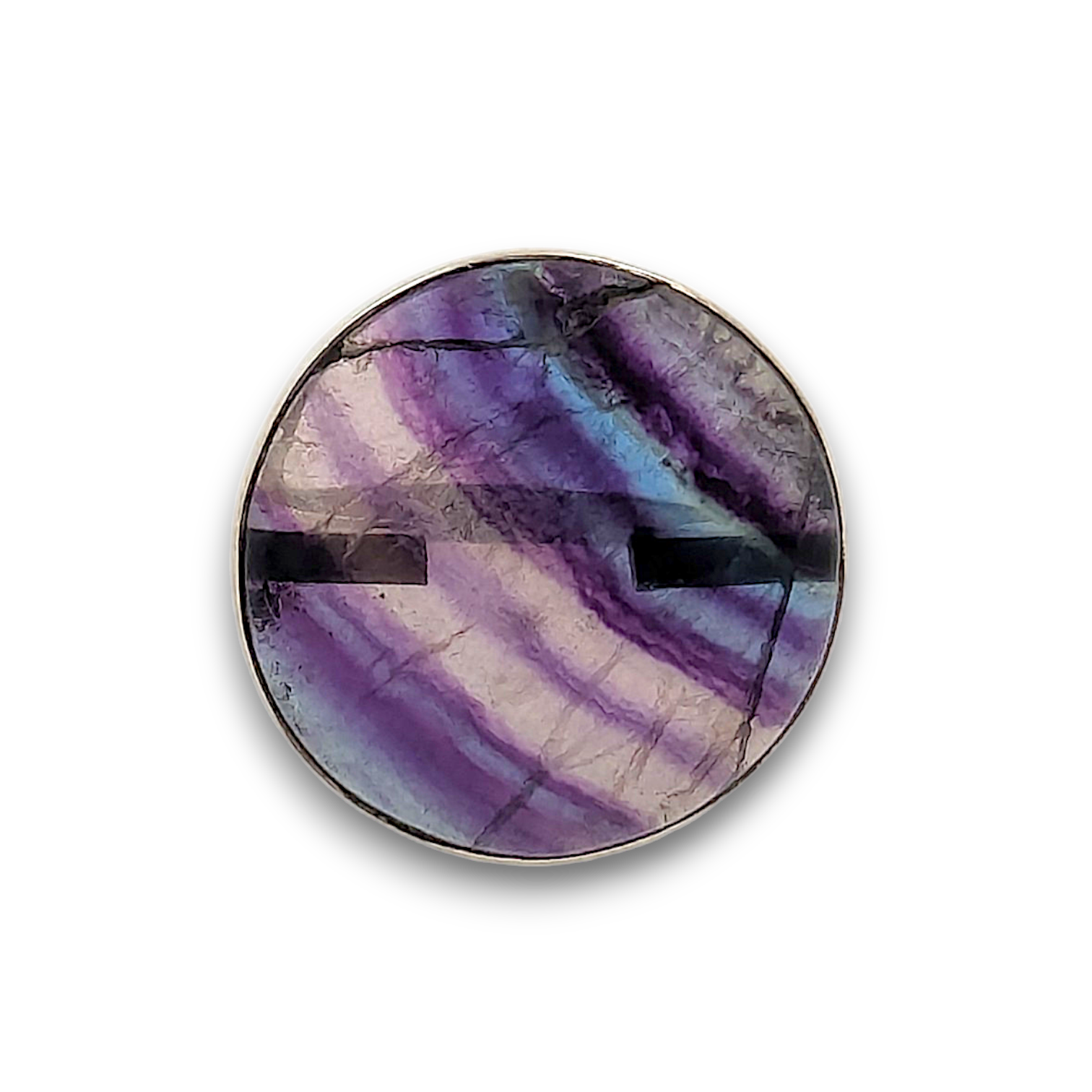 Fluorite Sterling Silver Ring. 925 sterling silver ring, approximately 26mm diameter. The ring is a size N and weighs 8.9g.