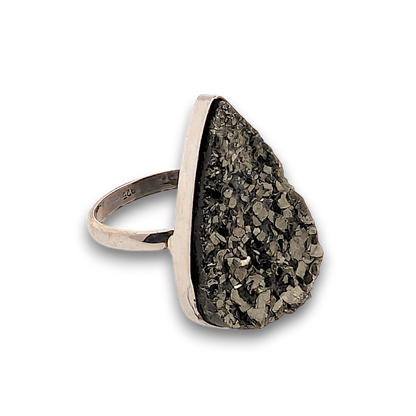 Pyrite Sterling Silver Ring. 925 sterling silver ring, approximately 26mm x 17mm. The ring is a size Q and weighs 8.8g.