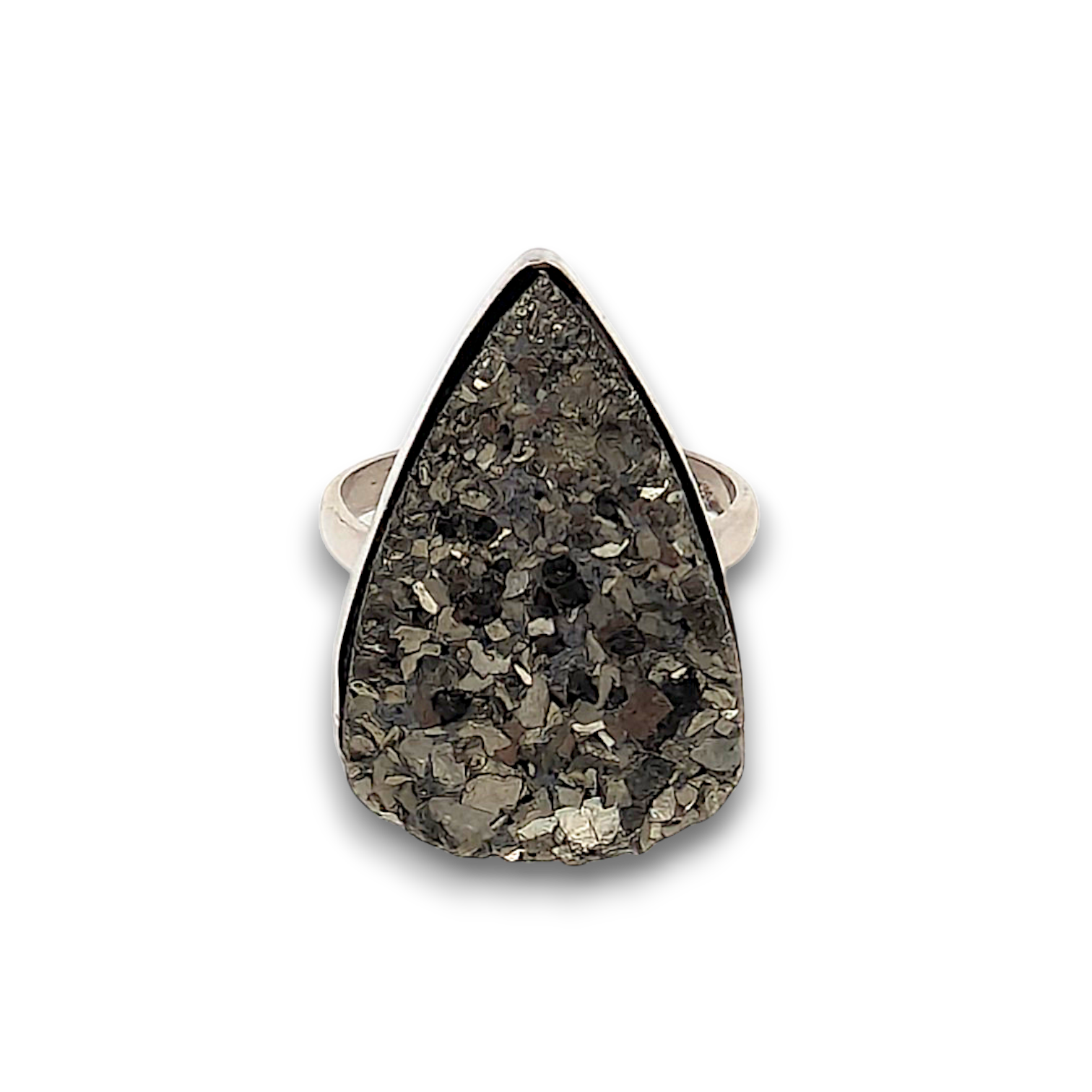 Pyrite Sterling Silver Ring. 925 sterling silver ring, approximately 26mm x 17mm. The ring is a size Q and weighs 8.8g.