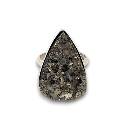 Pyrite Sterling Silver Ring. 925 sterling silver ring, approximately 26mm x 17mm. The ring is a size Q and weighs 8.8g.