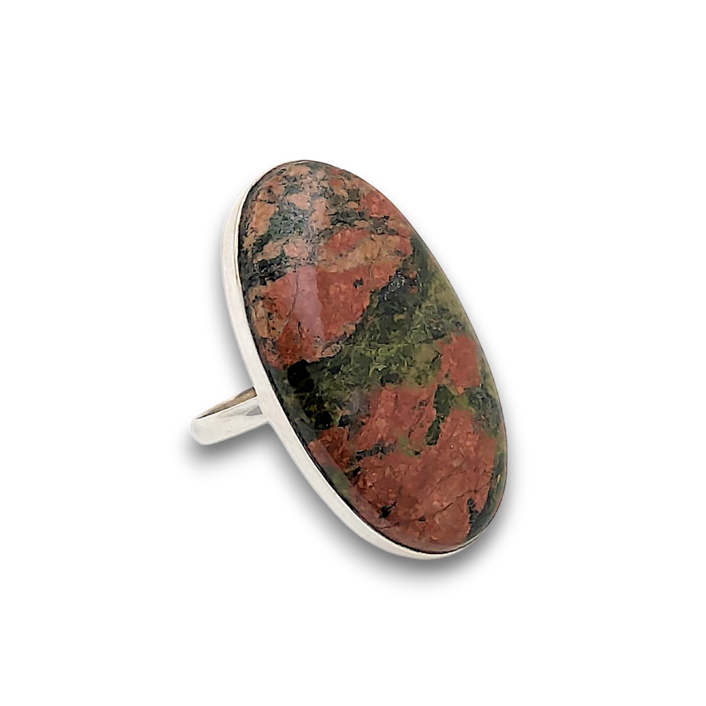 Unakite Sterling Silver Ring. 925 sterling silver ring, approximately 41mm x 25mm. The ring is a size V and weighs 8.8g.