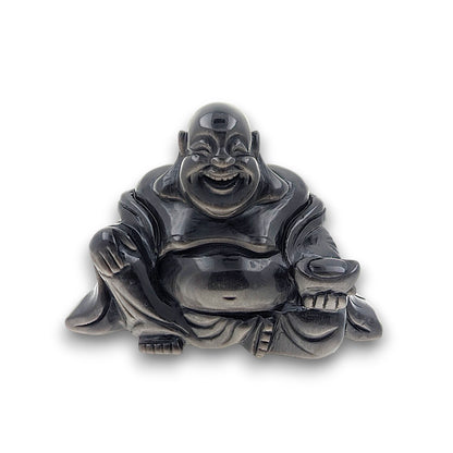 XL Silver Sheen Obsidian Laughing Buddha Carving (Unique Piece)