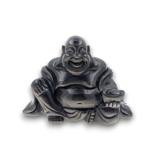 XL Silver Sheen Obsidian Laughing Buddha Carving (Unique Piece)