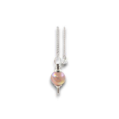Rose Aura Sphere Pendulum. Aura-coated gemstone pendulum with a pendulum bag. Silver plated chain with a clear bead handle.