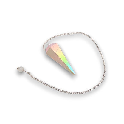 Rose Aura Pendulum. Aura-coated gemstone pendulum with a pendulum bag. Silver plated chain with a clear bead handle.