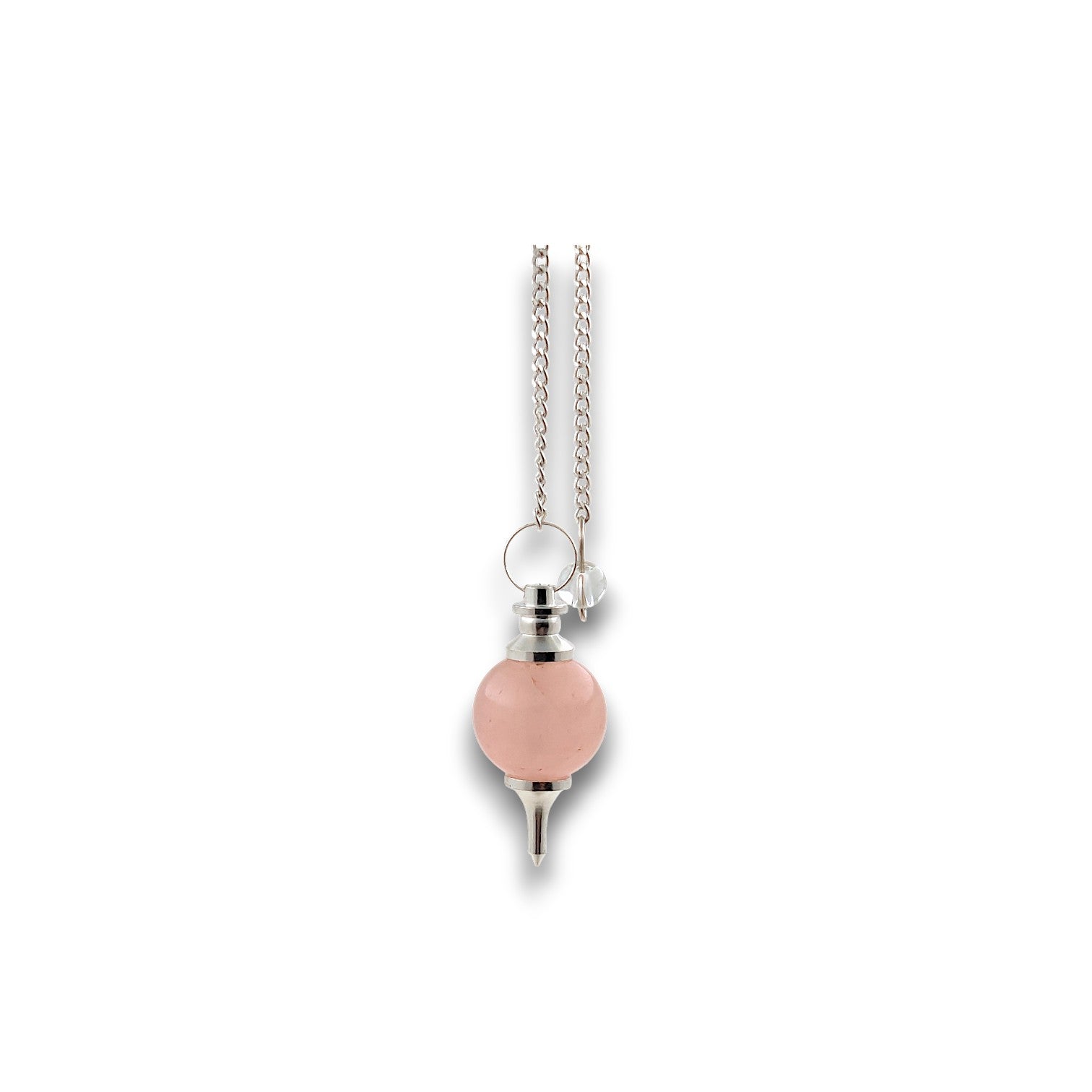 Rose Quartz Sphere Pendulum. Rose Quartz gemstone pendulum supplied with a drawstring pendulum pouch.