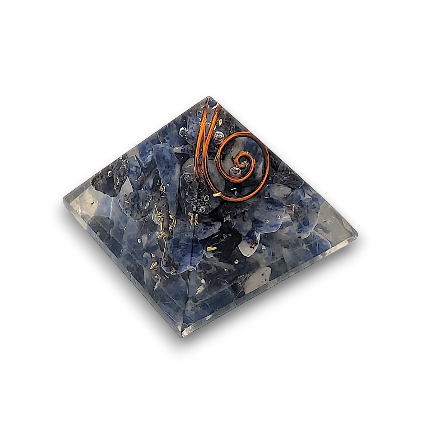 Small Sodalite Orgonite Pyramid. Small Orgonite Pyramid measuring approx 33mm x 33mm at the base and 30mm from the base to.