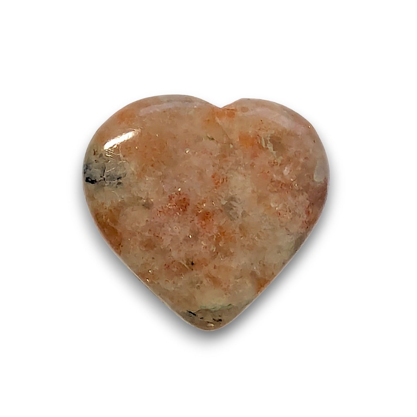 Medium Sunstone Heart Carving. Approximately 30mm tall, 32mm wide and 6mm deep.