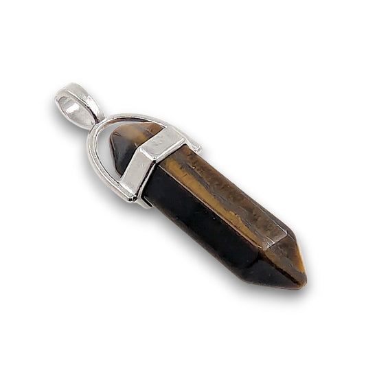 Tiger Eye Double Terminated Hexagonal Pendant - Pack of 5. Double terminated hexagonal point pendant, mounted with a silver.