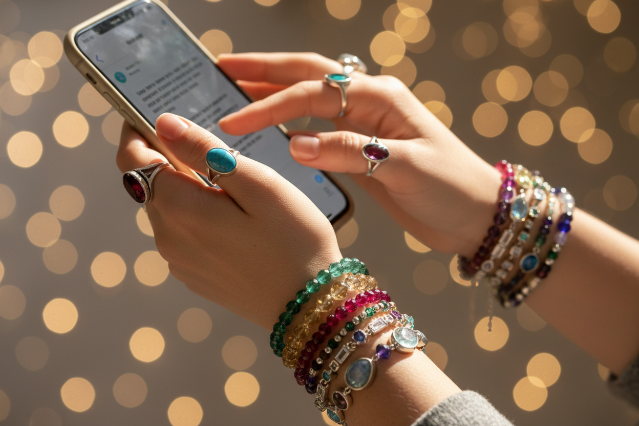a lady typing a text message on her mobile phone. She is wearing gemstone bracelets and has silver set gemstone rings on. Close up of her hands with a blurred background