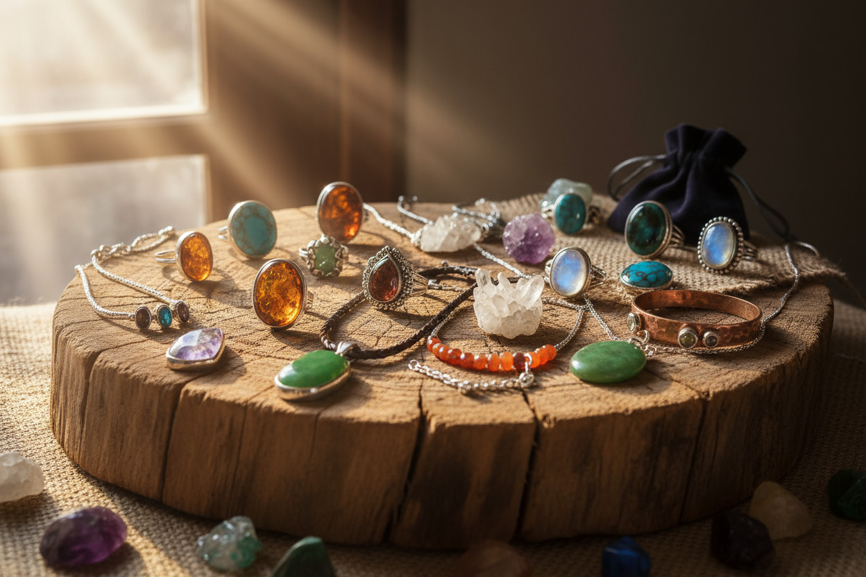 Assorted gemstone jewellery on a rustic wooden display, natural sunlight streaming in, gemstones sparkling softly. Earthy tones, authentic handmade vibe, realistic detail, wholesale gemstones ready for retail.