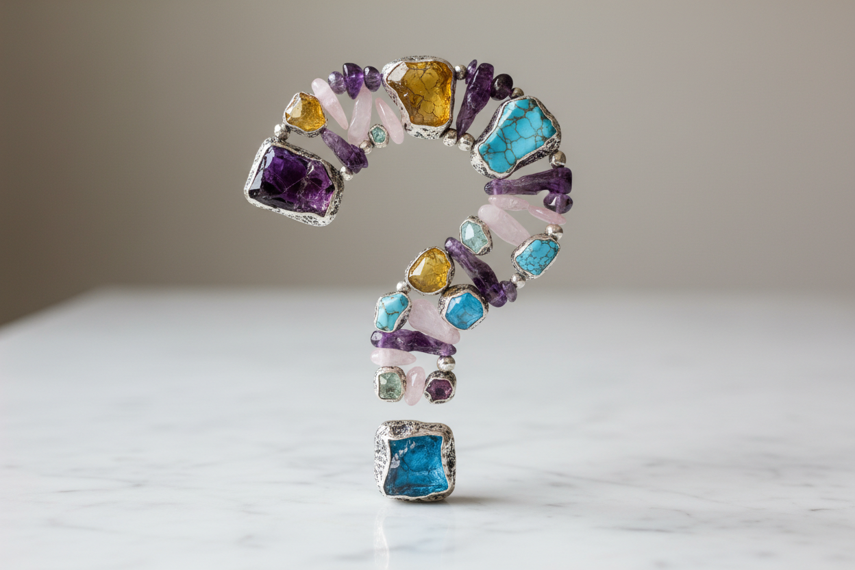 Do a question mark made of gemstone beads and silver set rough gemstones