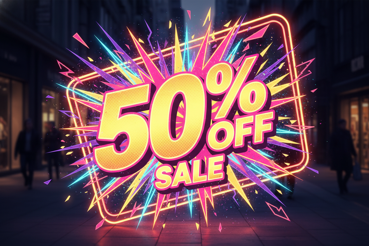 I need a super loud, big, bright, 50% off sign 