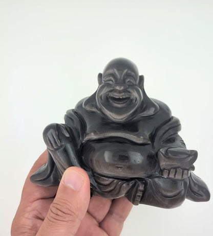 XL Silver Sheen Obsidian Laughing Buddha Carving (Unique Piece)